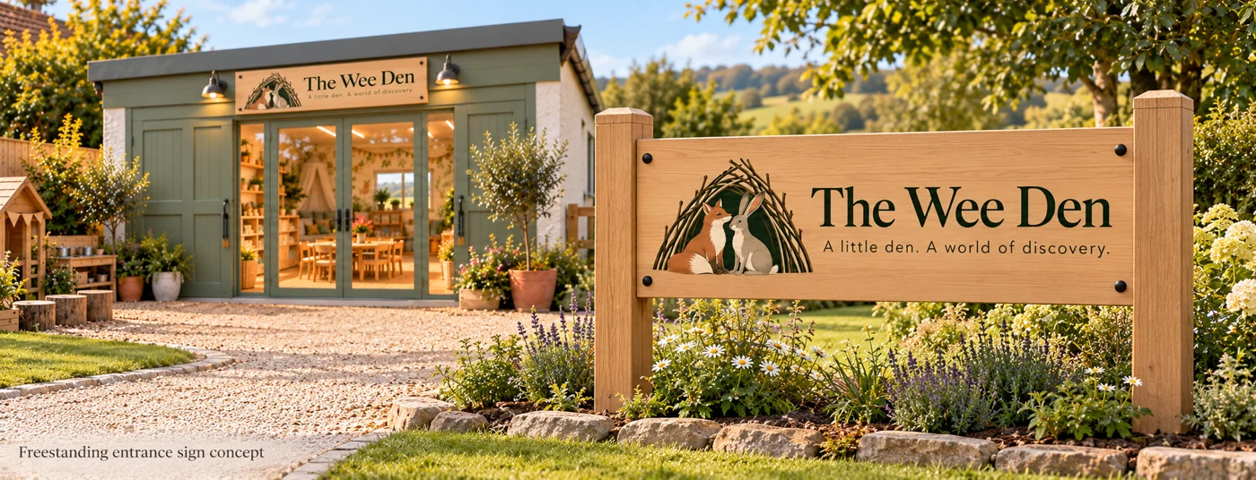 The Wee Den freestanding fox-and-hare sign