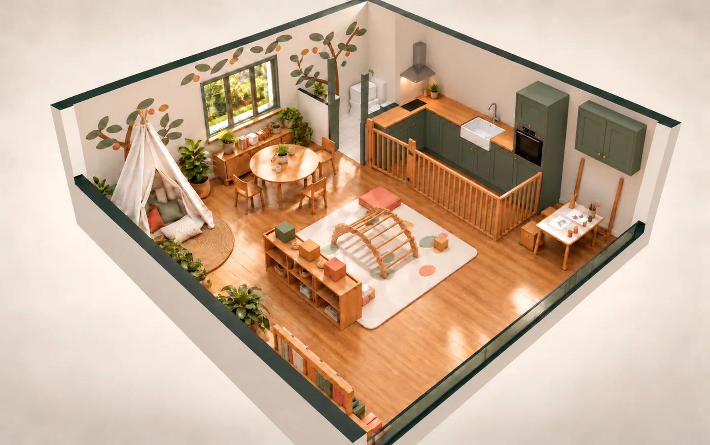Room visualisation showing reading, play, bathroom and gated kitchen